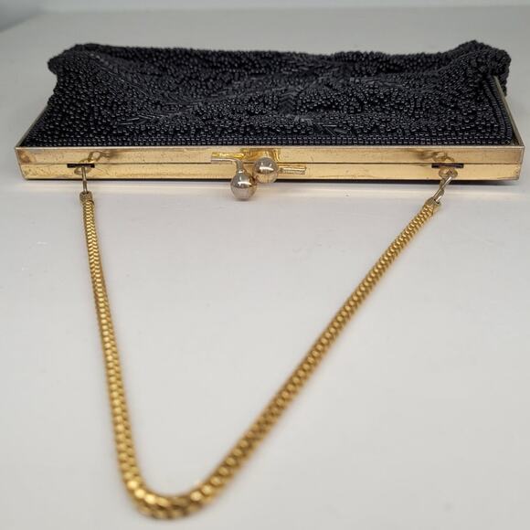 Vintage Black Beaded Kiss Closure Chain Top Handle Evening Cocktail Handbag Bag - Picture 6 of 13